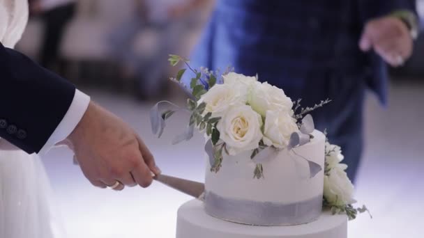 Les jeunes mariés coupent le gâteau de mariage, beau couple de mariés coupant le dessert avec un couteau, à l'intérieur — Video