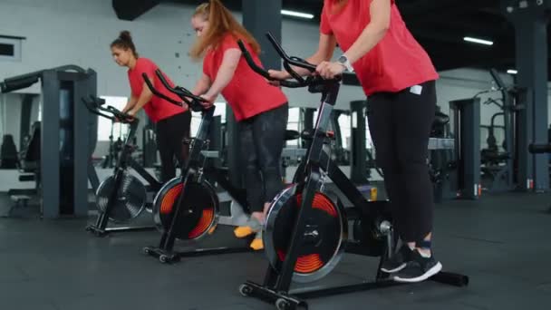 Grupo de mujeres atléticas montando en bicicleta estacionaria de spinning rutina de entrenamiento en el gimnasio, pérdida de peso en interiores — Vídeo de stock