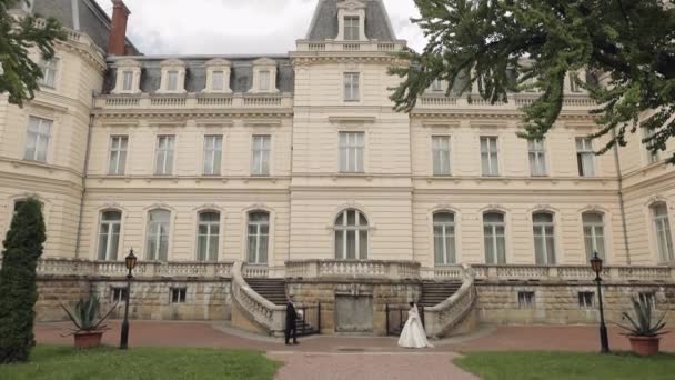 Szép friss házasok kaukázusi menyasszony és a vőlegény csokor közelében kastély, esküvő pár első találkozó — Stock videók