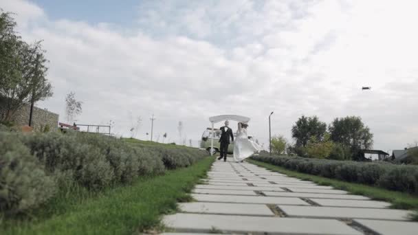 Pasgetrouwden, mooie blanke bruid en bruidegom lopen langs pad tijdens huwelijksceremonie in park — Stockvideo