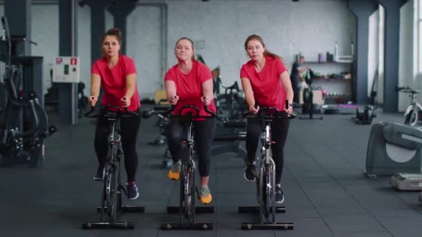 Gruppe von Mädchen führt Aerobic-Training Cardio-Routine auf Fahrrad-Simulatoren, Radtraining — Stockvideo