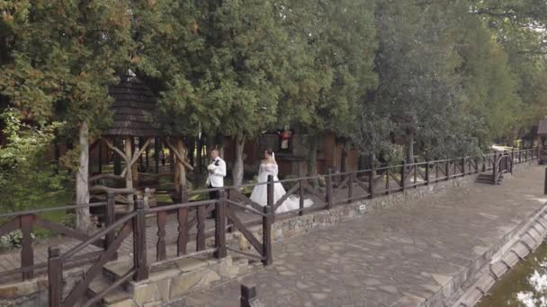 Bella sposi caucasici sposa e lo sposo con bouquet nel parco, coppia di sposi primo incontro — Video Stock