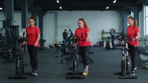 Healthy Caucasian group of women exercising workout on stationary cycling machine bike in gym — Stockvideo