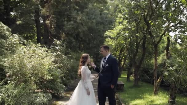 Νιόπαντροι, καυκάσιος γαμπρός με νύφη περπάτημα, αγκάλιασμα, αγκαλιές στο πάρκο, ζευγάρι γάμου — Αρχείο Βίντεο