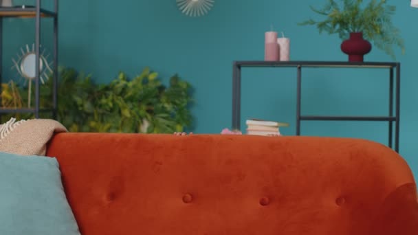 Menina criança jogando esconder e procurar jogo peekaboo perto do sofá em casa sozinho olhando para a câmera e sorrindo — Vídeo de Stock