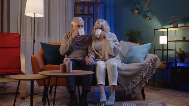 Couple familial mature insouciant se détendre sur le canapé à la maison, profiter de la conversation avec des tasses de thé chaud — Video