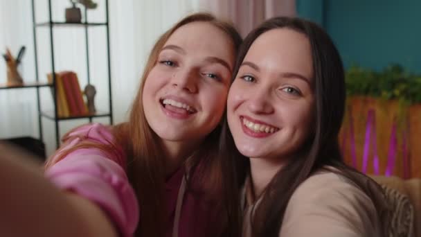 Due amiche sorelle blogger a casa, ridono, passano il tempo libero a scattare foto selfie — Video Stock