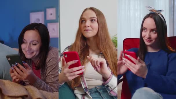 Радісні молоді дорослі жінки сидять на дивані, використовуючи смартфон для перегляду відео, онлайн-покупки, торкаючись — стокове відео