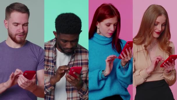 행복해 하고 흥분 한 남녀들 이 핸드폰을 사용하는 다중 스크린 세로 사진. — 비디오
