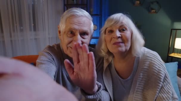 POV dojrzałego dziadka babcia podejmowania rozmowy wideo online machając ręką patrząc na aparat — Wideo stockowe