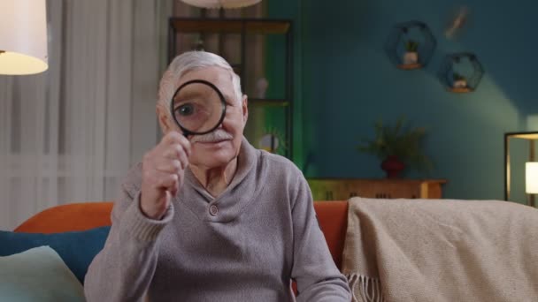 Пожилой дед смотрит через лупу, читает, исследует, анализирует дома — стоковое видео