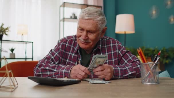돈을 계산하여 재정 예산을 세우는 행복 한 할아버지 — 비디오