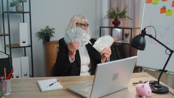 女企业会计庆祝商业成功，与一叠钞票共舞 — 图库视频影像