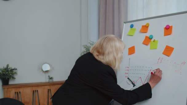 Senior-Geschäftsfrau macht sich Notizen an Bord mit Aufklebern zur Analyse von Infografiken am Laptop — Stockvideo