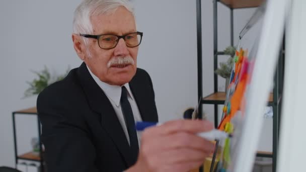 Elderly old business man coach conference speaker analyzing infographics draw on office whiteboard — Vídeo de stock