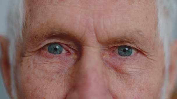 Extreme close-up macro portrait of wrinkled face, old senior beautiful mans eyes looking at camera — Vídeo de Stock