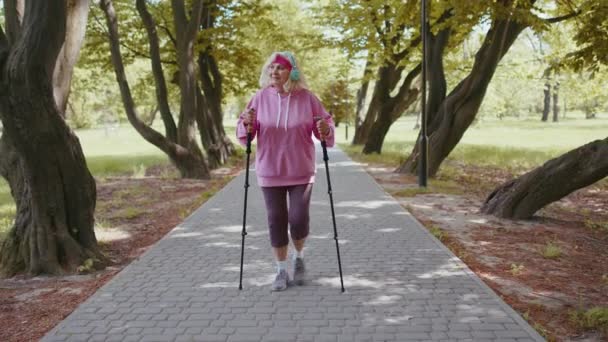 Senior sana jubilada abuela formación nórdica caminar en el parque de verano, bastones de esquí trekking — Vídeos de Stock