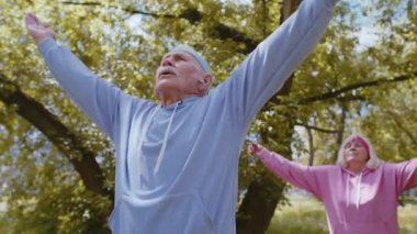 Sporcu fitness son sınıf sporcusu. Büyükanne ve büyükbaba grubu parkta yoga kardiyo antrenmanı yapıyor.
