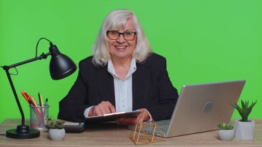 Başarılı bir işe alım onaylandı. İş yerindeki kıdemli CEO iş kadını direktörü kameraya bakıyor, iş görüşmesi videosu görüşmesi yapıyor. Yeşil ofiste çalışıyorum.