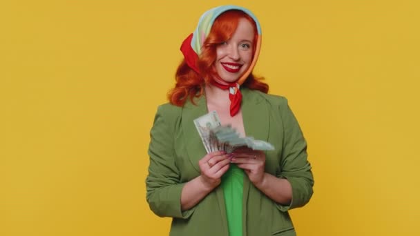 Redhead Young Woman Holding Fan Cash Money Dollar Banknotes Celebrate — Stock Video