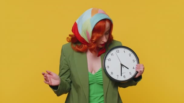 Redhead Young Woman Green Jacket Dress Anxiety Checking Time Clock — Stock Video