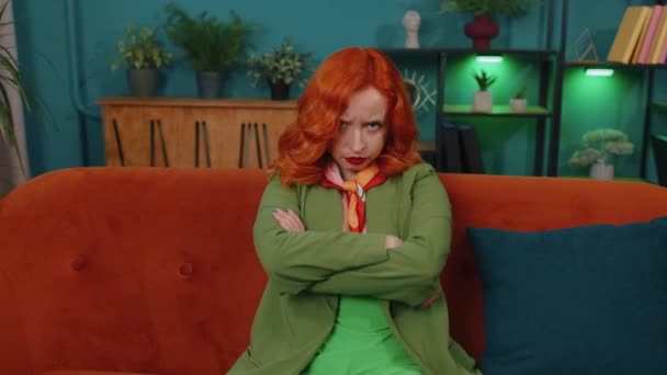 Displeased Upset Redhead Young Woman Reacting Unpleasant Awful Idea Dissatisfied — Stock Video