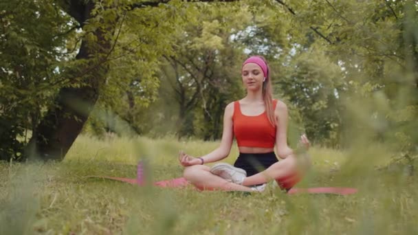 一个年轻的女人坐在垫子上的莲花的姿势 放松地在城市公园夏天的一天 活泼无忧无虑的女孩练习瑜伽冥想 获得了积极的能量 健康的生活方式 积极的女运动员 — 图库视频影像