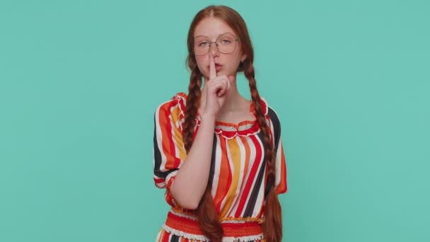 Shh Quiet Please Portrait Redhead Girl 20S Presses Index Finger — Stock Video