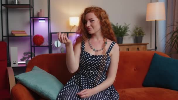 Cheerful Rich Ginger Woman Polka Dots Dress Showing Wasting Throwing — Videoclip de stoc