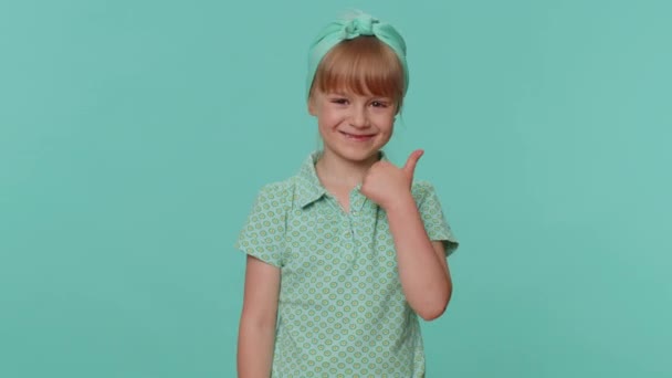 Happy Little Toddler Children Girl Raises Thumbs Agrees Something Gives — Video Stock