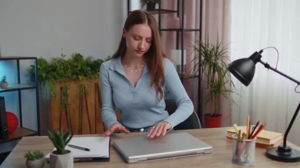 Young Business Woman Freelancer Enters Home Office Room Sits Desk — Video