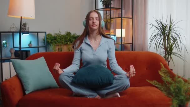 Keep Calm Relax Inner Balance Young Woman Breathes Deeply Mudra — Stockvideo