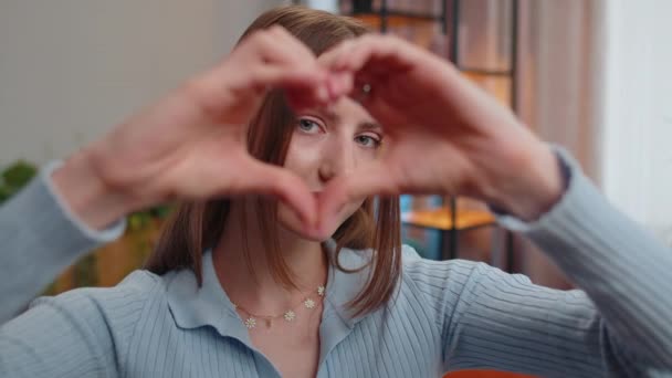 Love You Young Woman Makes Symbol Love Showing Heart Sign — ストック動画