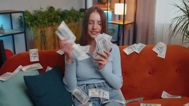 Successful Happy Rich Business Woman Girl Counting Money Cheering High — Video Stock