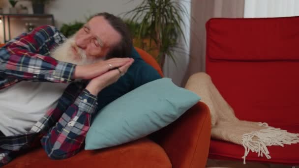 Tired One Senior Old Man Lying Bed Taking Rest Home — Stockvideo