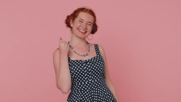 Happy Redhead Woman Polkadot Dress Shouting Raising Fists Gesture Did — Video Stock