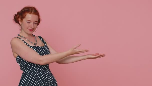 Happy Beautiful Redhead Woman Showing Thumbs Pointing Empty Place Advertising — Vídeos de Stock