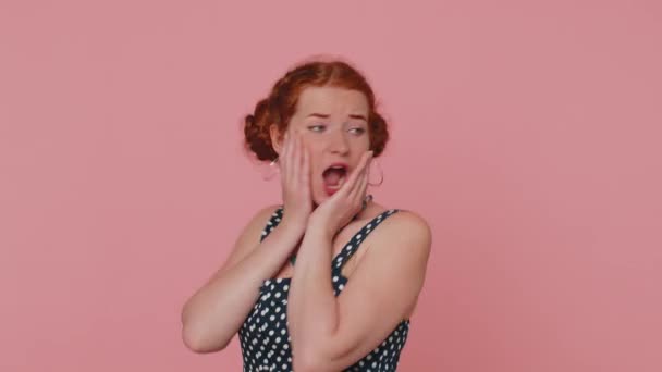 Scared Fearful Redhead Woman Covering Ears Hands Closing Eyes Meeting — Stock Video