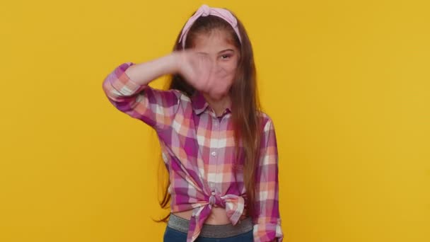 Preteen Child Girl Kid Smiling Friendly Camera Waving Hands Gesturing — Video Stock