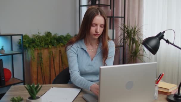 Tired Woman Freelancer Suffering Tension Migaine Headache Sitting Desk Home — Wideo stockowe