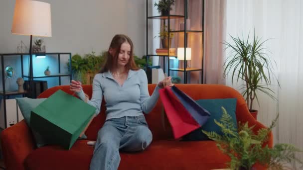 Young Woman Happy Shopaholic Consumer Came Back Home Shopping Sale — Stockvideo