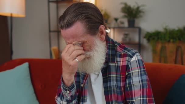 Upset Disappointed Senior Grandfather Man Wipes Tears Cries Despair Being — Stock Video