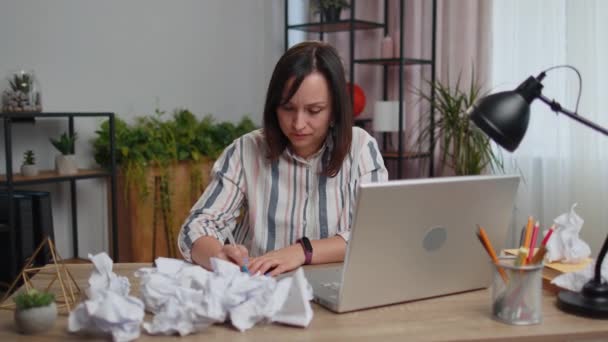 Sad Young Woman Working Home Office Brainstorming Herself Writing Paper — Stock Video