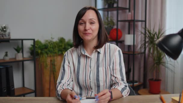 Pov Young Business Woman Sitting Table Working Home Office Looking — Vídeos de Stock