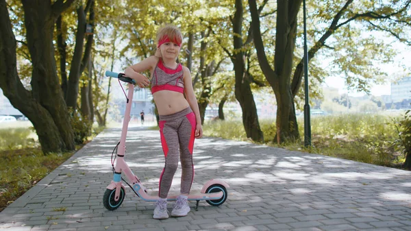 Athletic Fit Young Girl Rides Electric Scooter Road Park Sunny — Stock Photo, Image