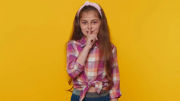 Shh Quiet Please Preteen Child Girl Kid Presses Index Finger — Fotografia de Stock