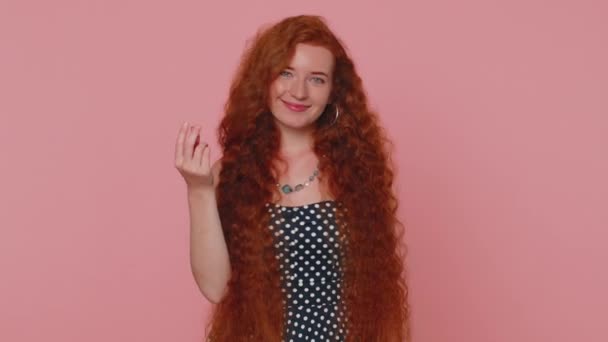 Cheerful Rich Redhead Woman Showing Wasting Throwing Money Hand Gesture — Stok Video