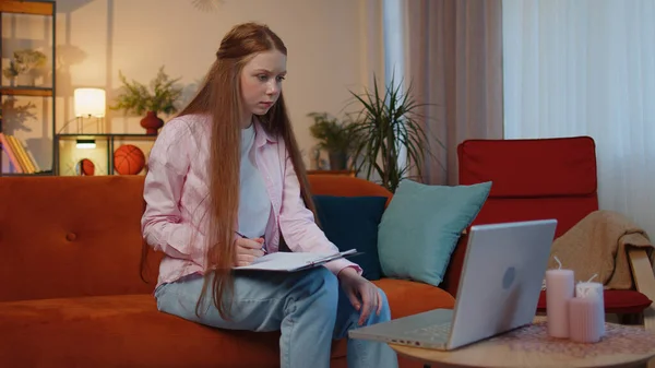 Sad Teen Child Girl Working Online Laptop Analysing Paperwork Graphs — Stock Photo, Image