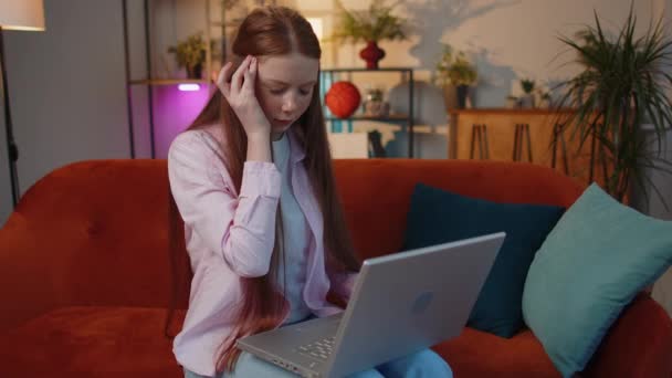 Tired Young Teen Child Girl Freelancer Use Laptop Suffering Headache — Stockvideo