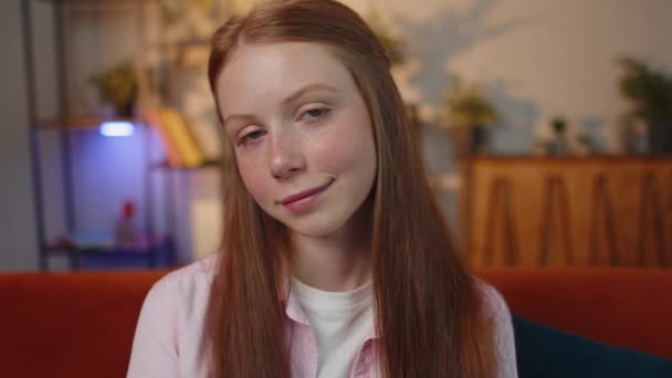 Close Portrait Happy Positive Smiling Young Redhead Child Girl Looking — Stock Video